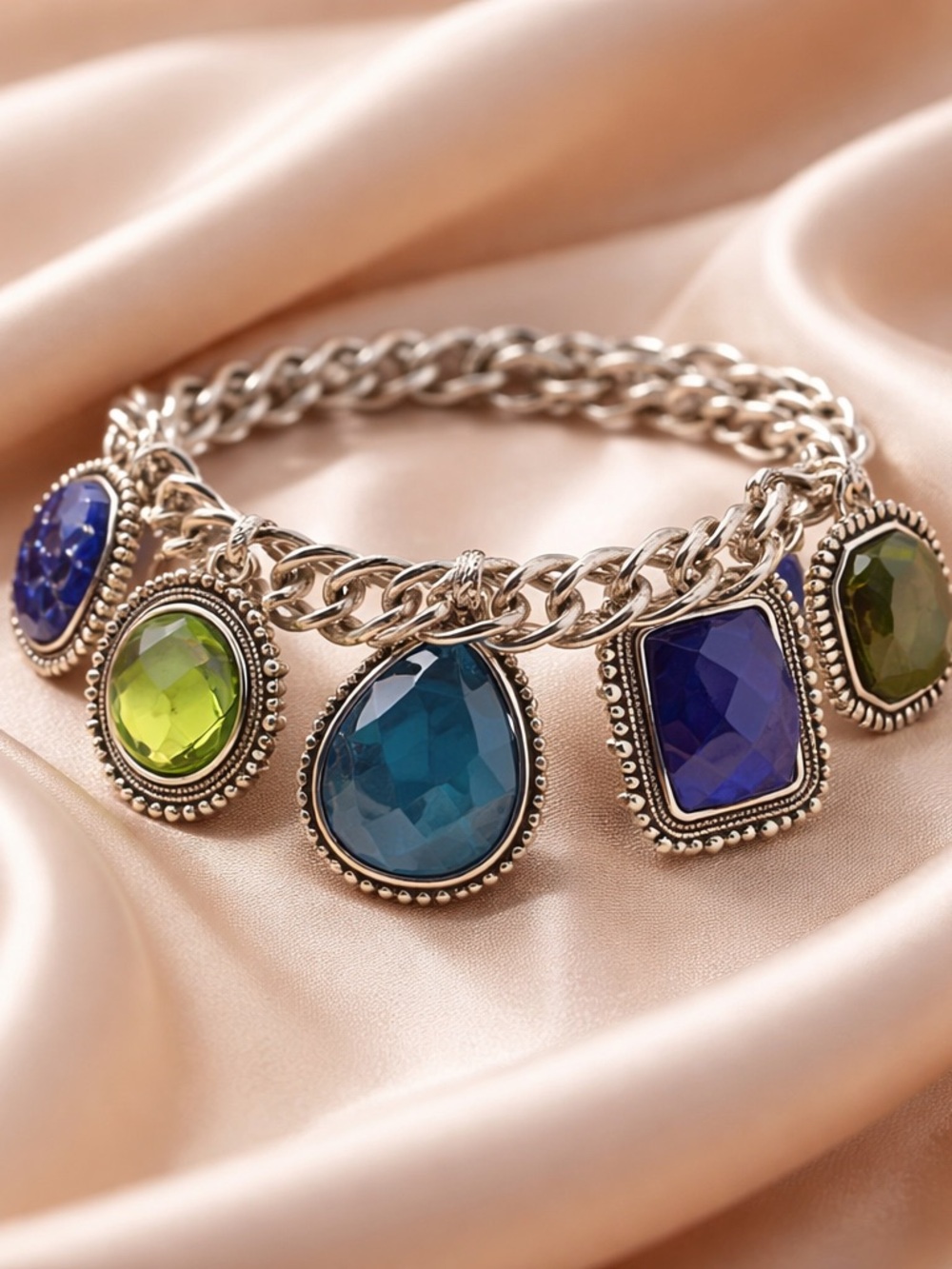 Silver Tone Chunky Colorful Charm Bracelet - Picture 5 of 12